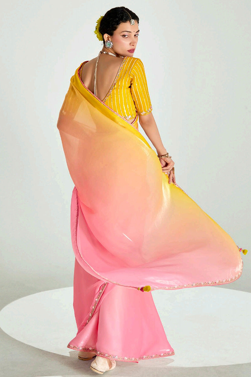 Multicolor Organza Saree with Sequins Embroidered Mustard Blouse