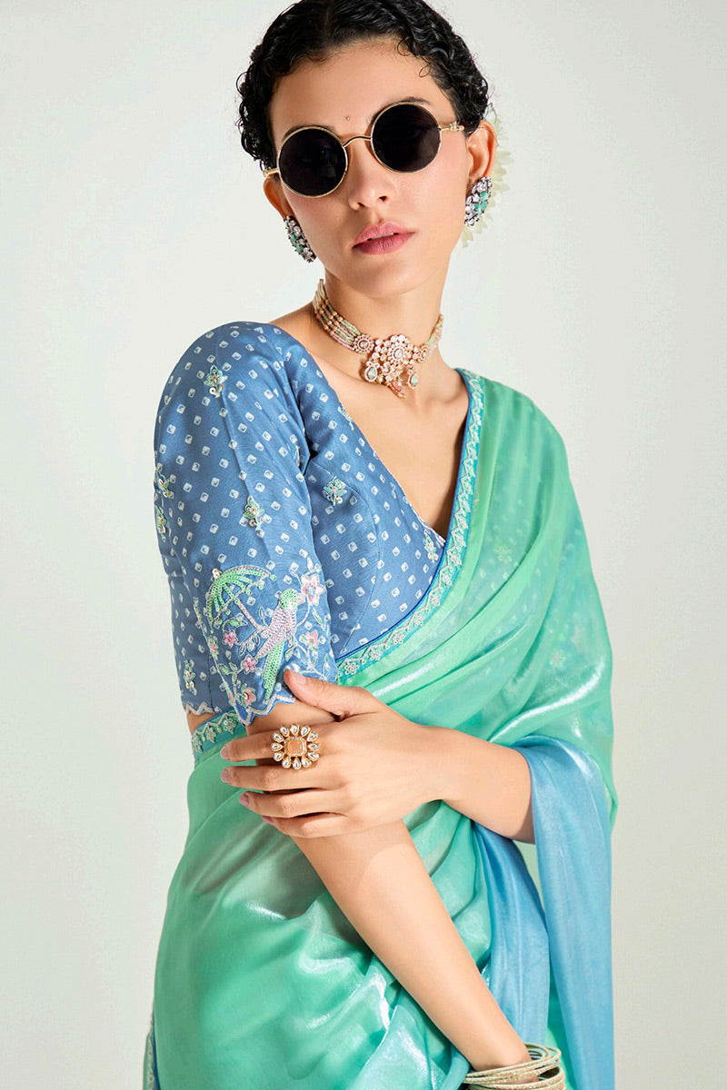 Turquoise Organza Saree with Sequins Embroidered Sky Blue Blouse