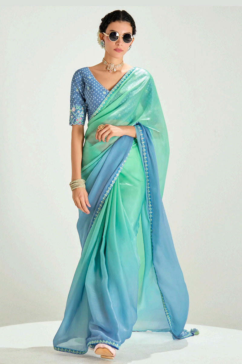 Turquoise Organza Saree with Sequins Embroidered Sky Blue Blouse LF