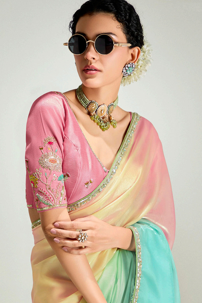 Multicolor Organza Saree with Sequins Embroidered Pink Blouse