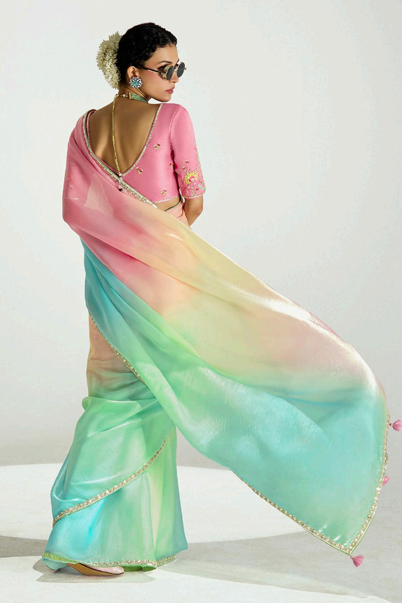Multicolor Organza Saree with Sequins Embroidered Pink Blouse