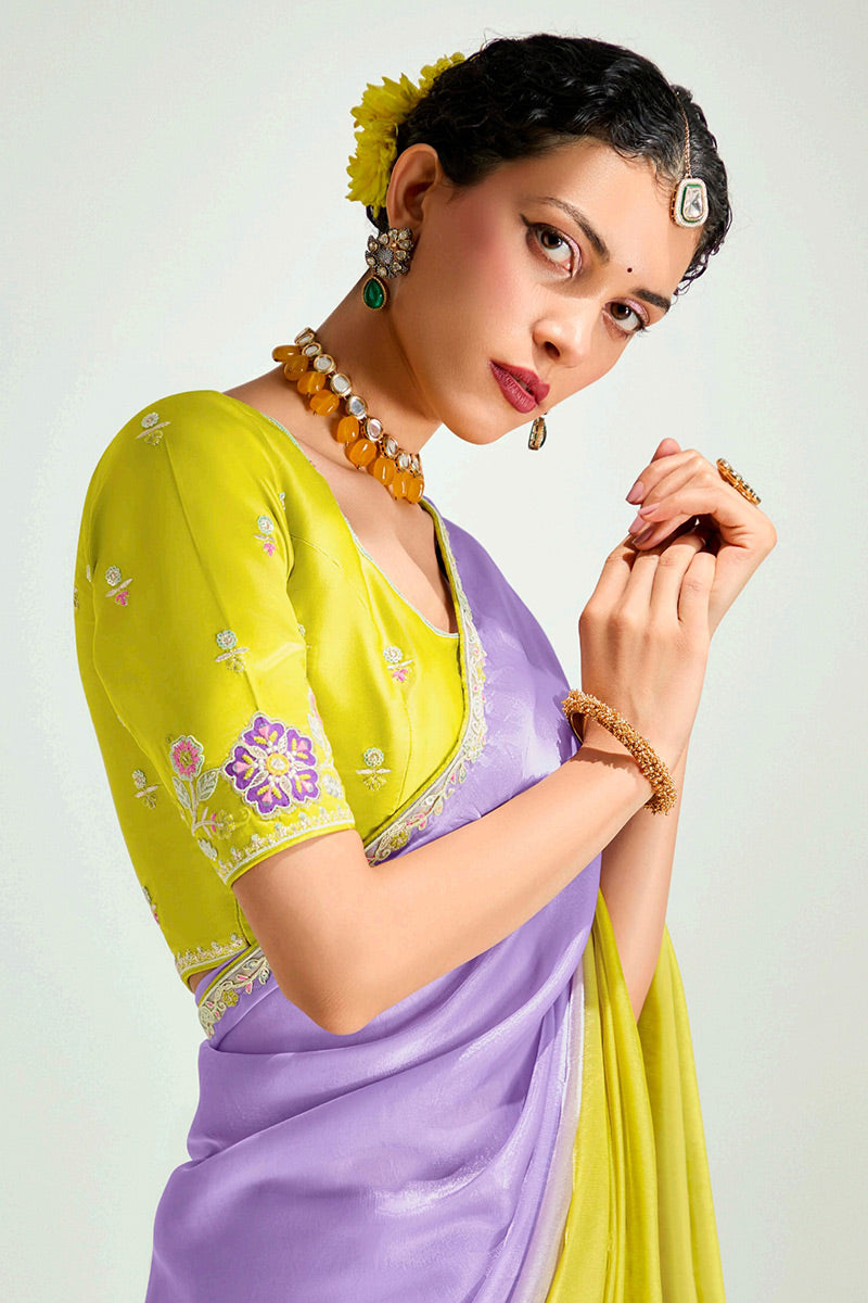 Lavender Organza Saree with Sequins Embroidered Yellow Blouse