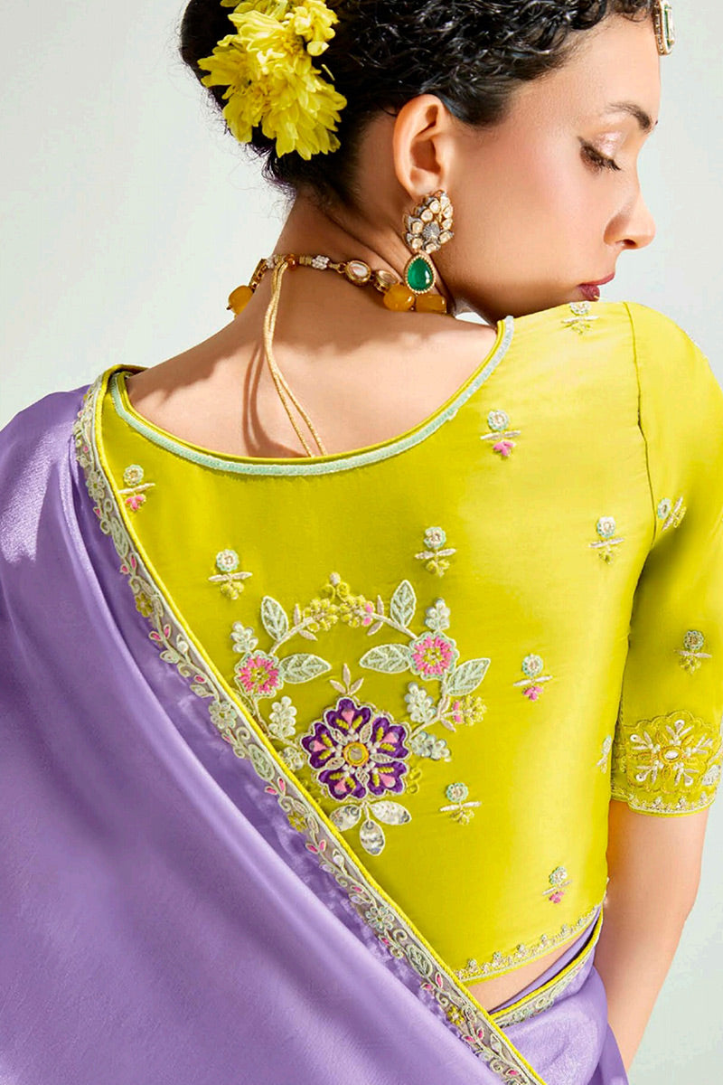 Lavender Organza Saree with Sequins Embroidered Yellow Blouse