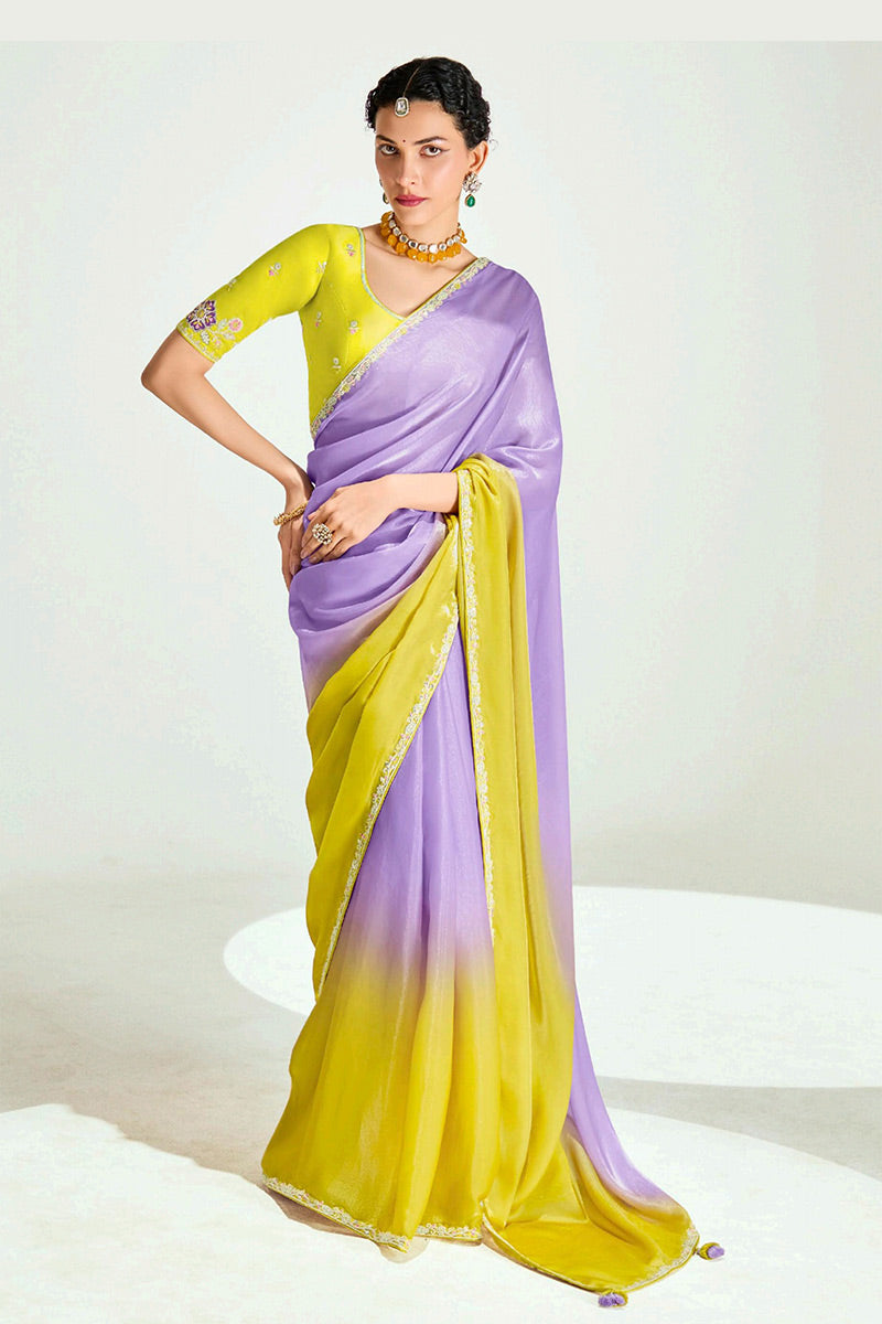 Lavender Organza Saree with Sequins Embroidered Yellow Blouse LF