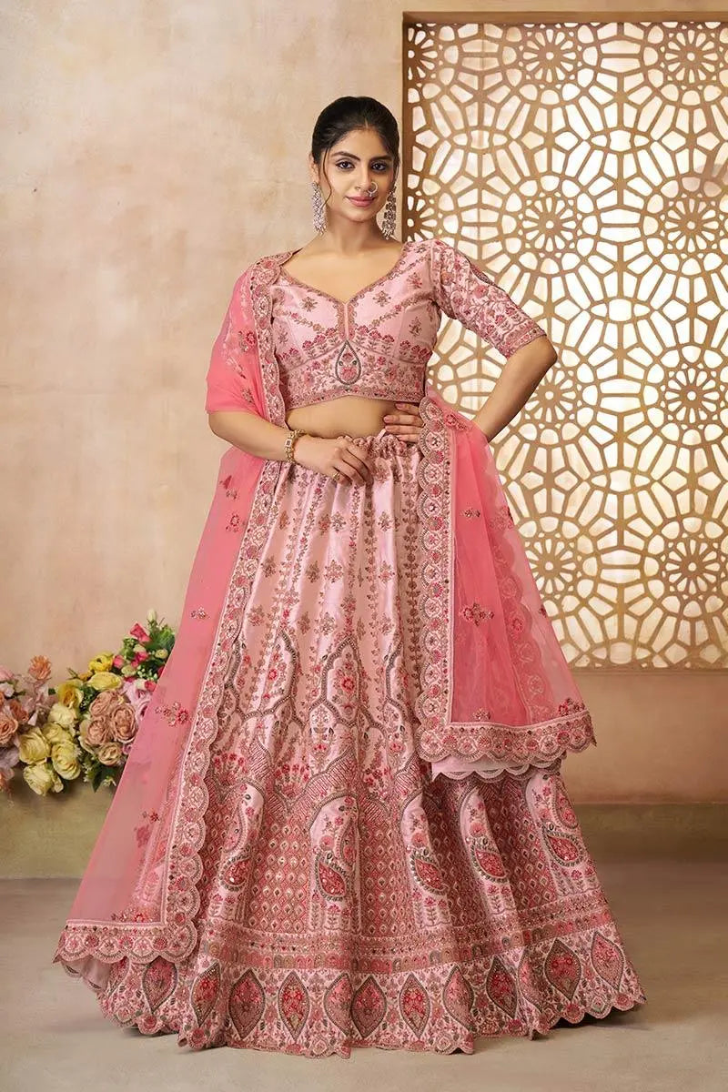 Adorable Pink Silk Embroidery Wedding Wear Lehenga Choli