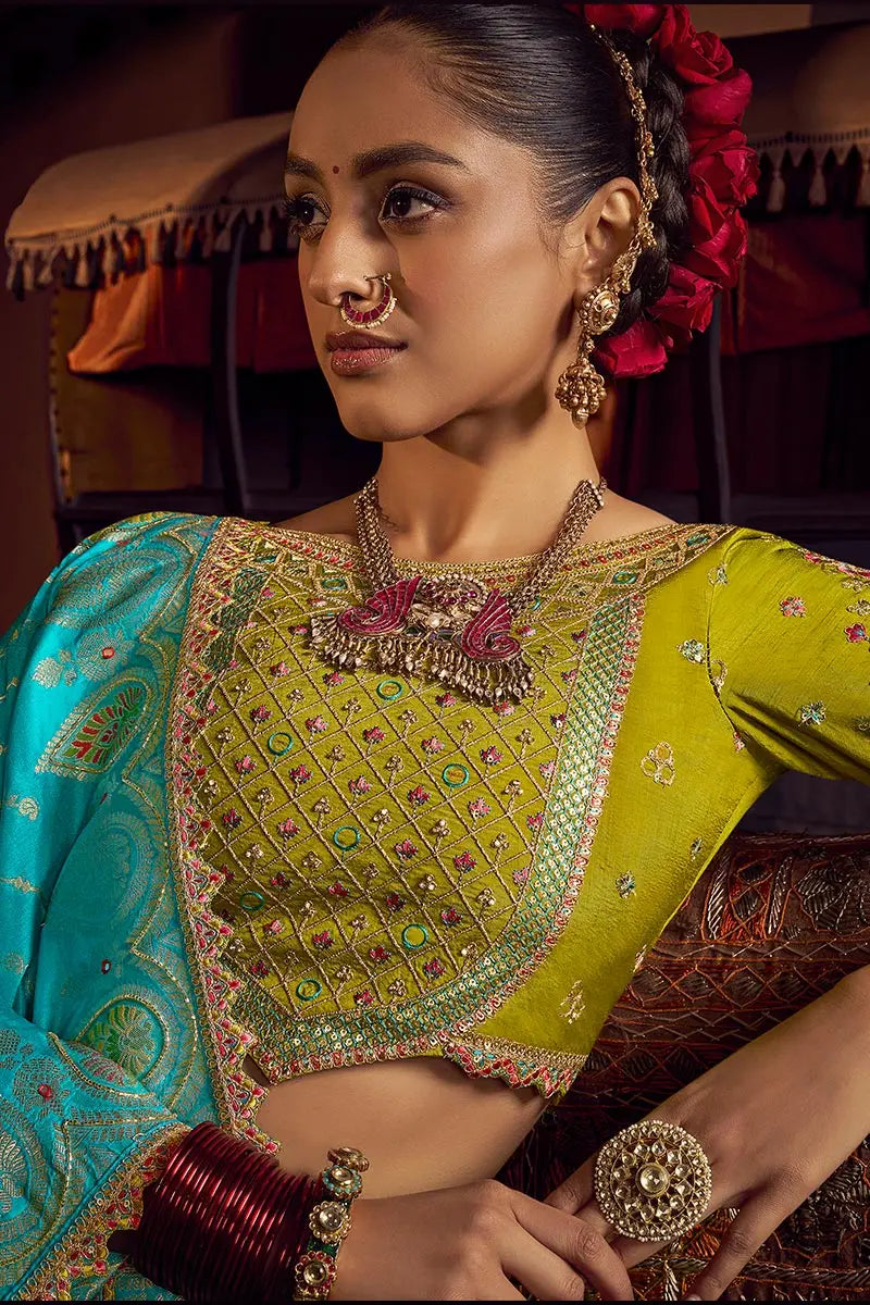 Aqua Blue Patola Banarasi Saree with Golden Zari Weave – Bridal & Festive Wear