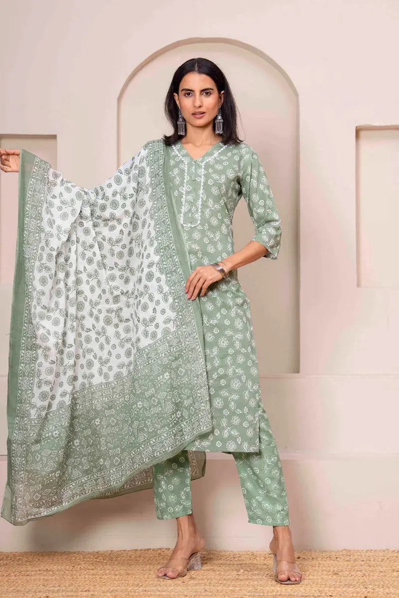 Basil Green Floral Printed Cotton Kurta Set with Print Dupatta