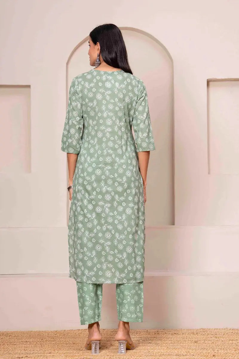 Basil Green Floral Printed Cotton Kurta Set with Print Dupatta