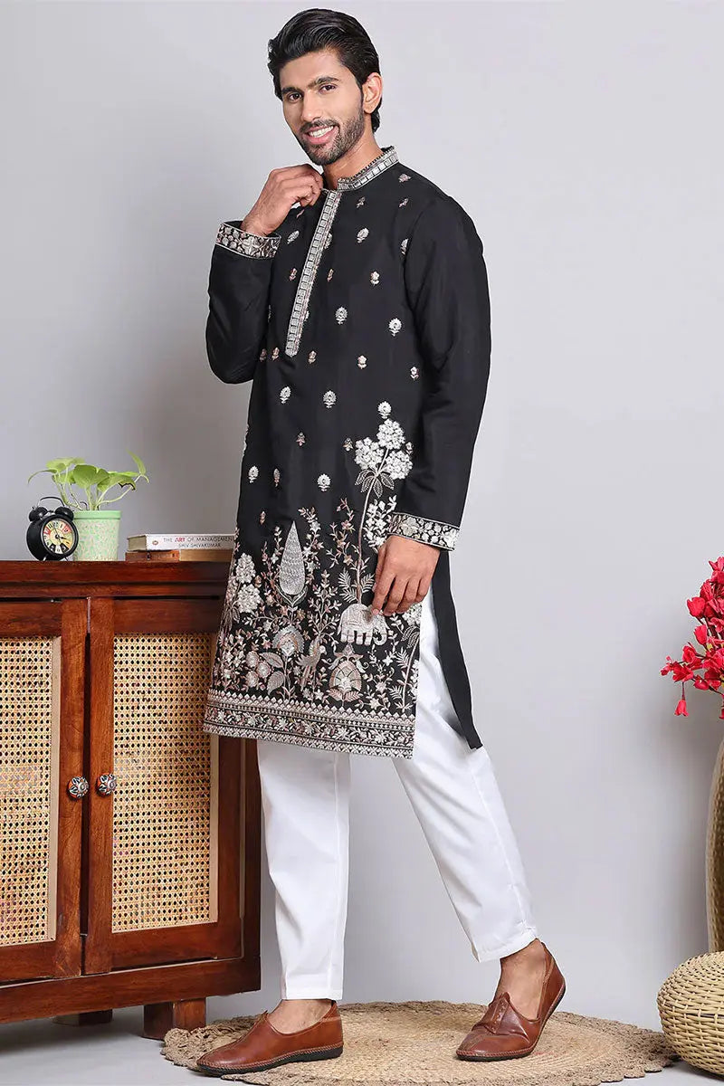 Black Cotton Silk Sequins Embroidered Designer Kurta Pajama Set - Function Wear