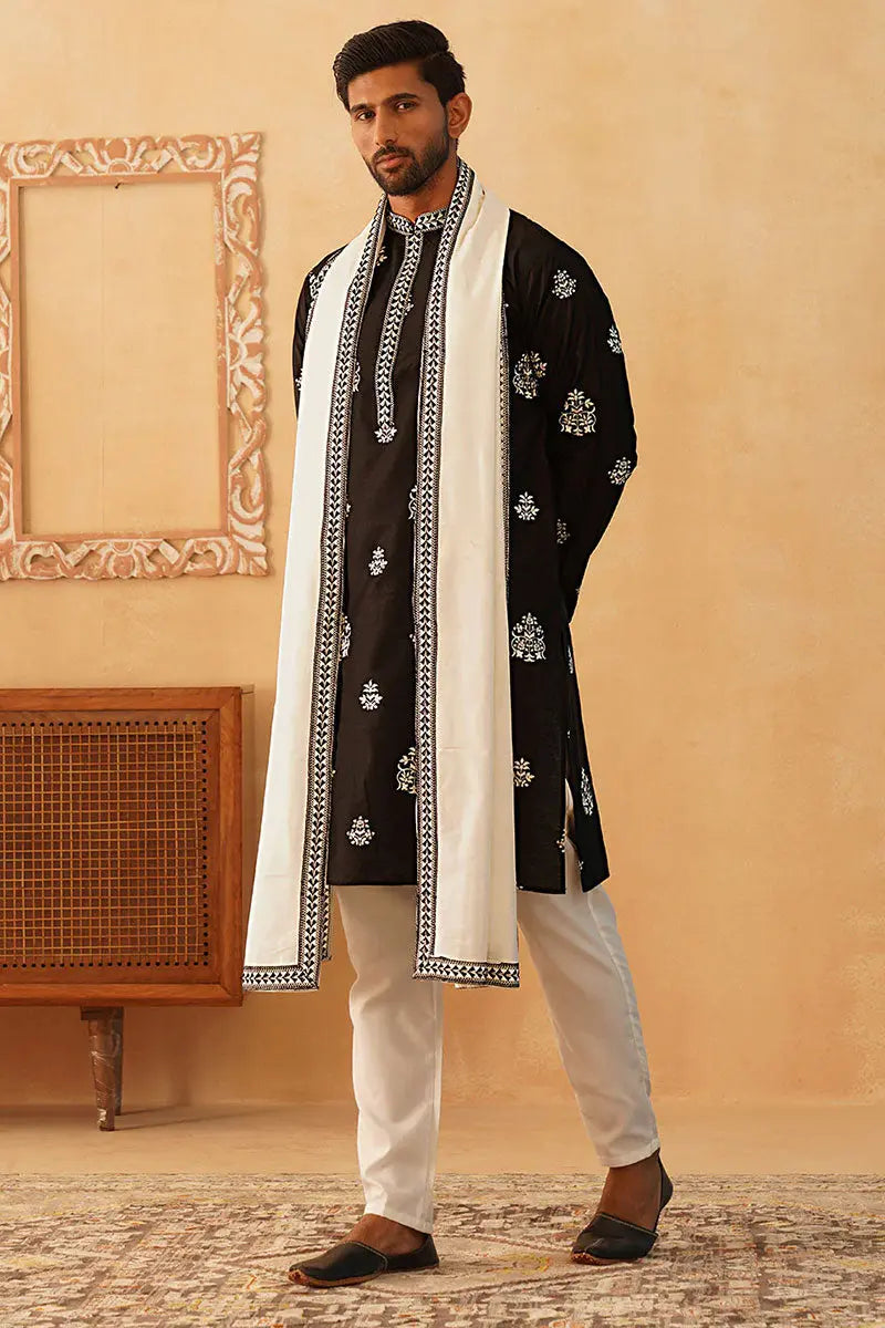 Black Cotton Silk Sequins Embroidered Kurta Pajama Dupatta Set - Traditional Wear