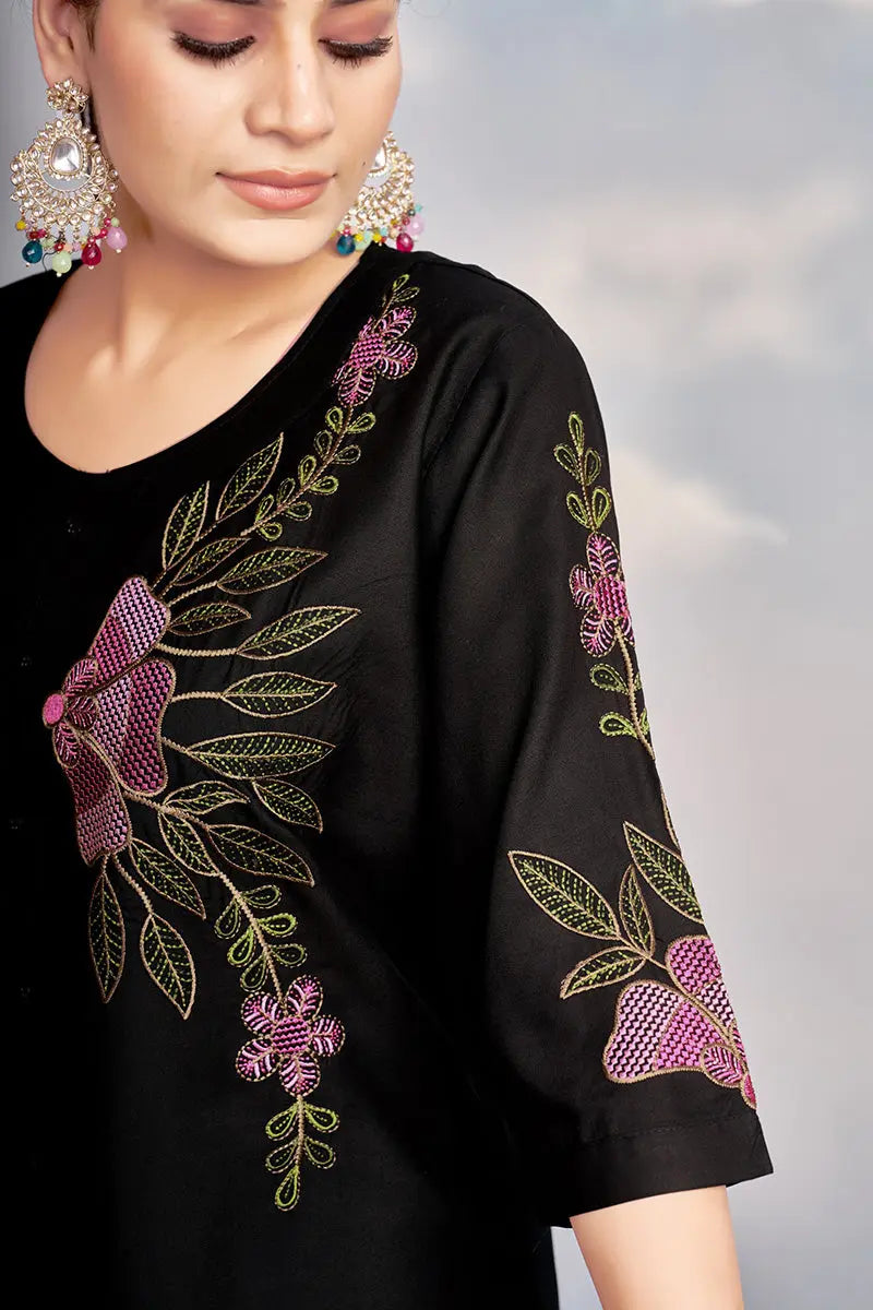 Black Embroidered Rayon Co-ord Set – Kurti with Straight Pants