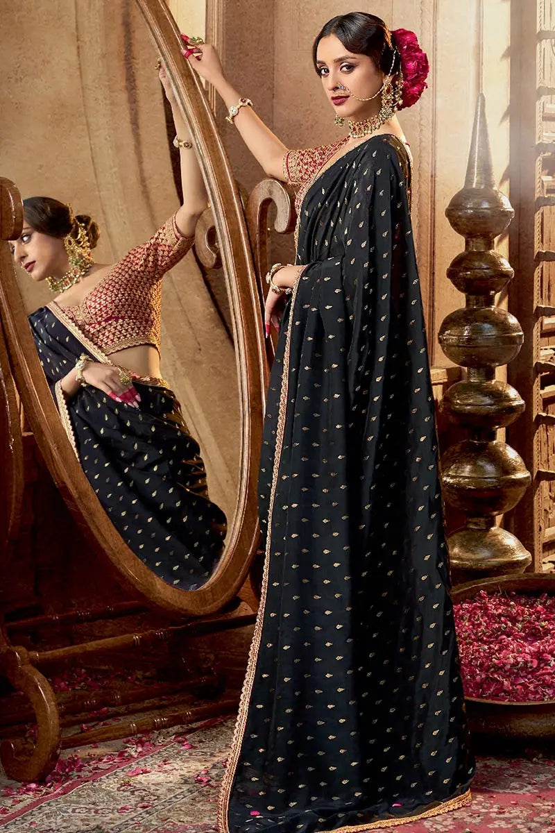 Black Handwoven Banarasi Saree with Red Embroidered Blouse