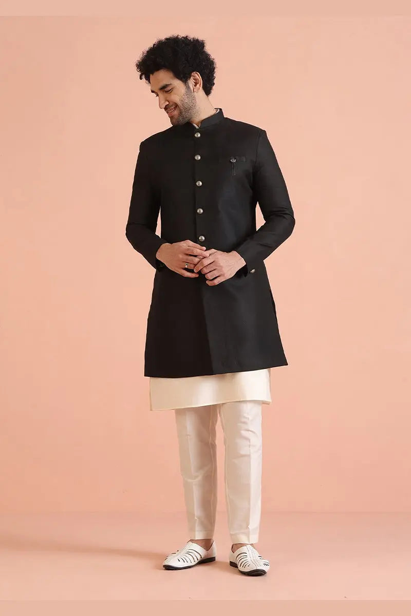 Black & Cream Indo-Western Sherwani with Gold Buttons