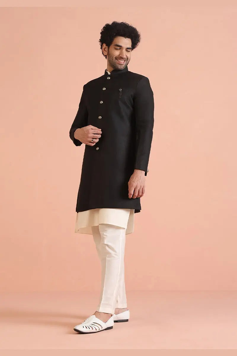 Black & Cream Indo-Western Sherwani with Gold Buttons