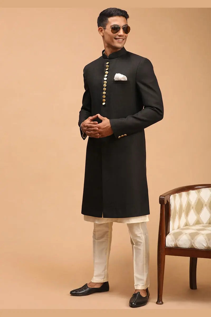 Black & Cream Indo-Western Sherwani with Gold Buttons