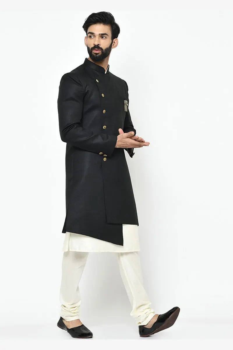 Black & White Indo-Western Sherwani with Gold Buttons