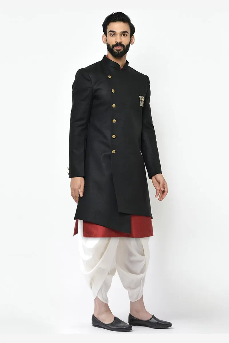 Black & White Indo-Western Sherwani with Gold Buttons