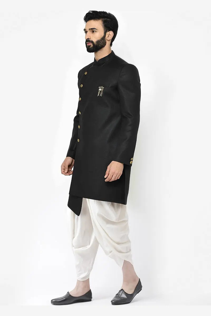 Black & White Indo-Western Sherwani with Gold Buttons