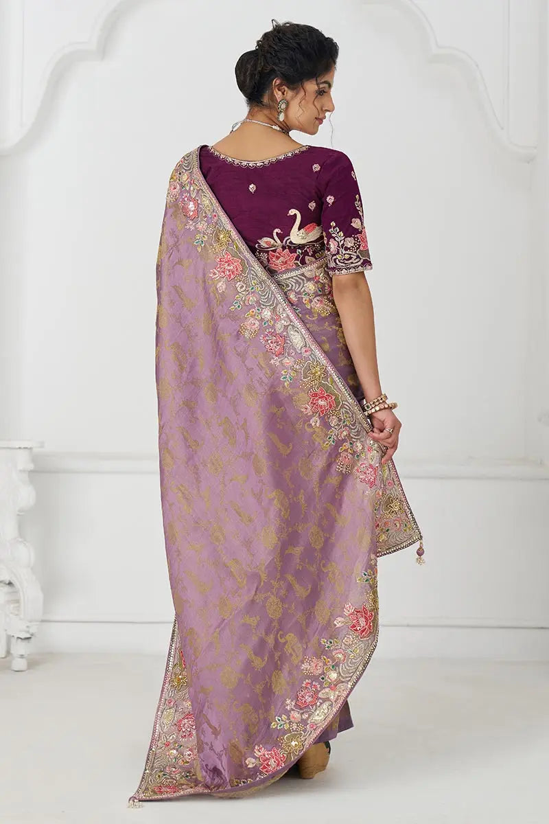 mauve floral attire with Vibrant Thread Work & Floral Motifs