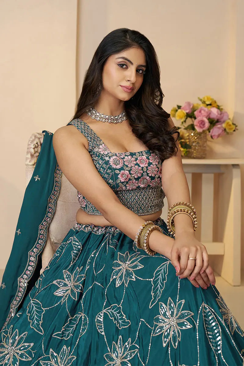 Blue Elegance: Bridesmaid Lehenga with Sequin Sparkle & Floral Embroidery
