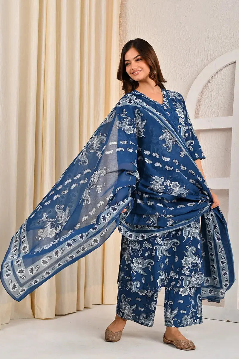 Blue Floral Printed Cotton Kurta Set with Print Dupatta