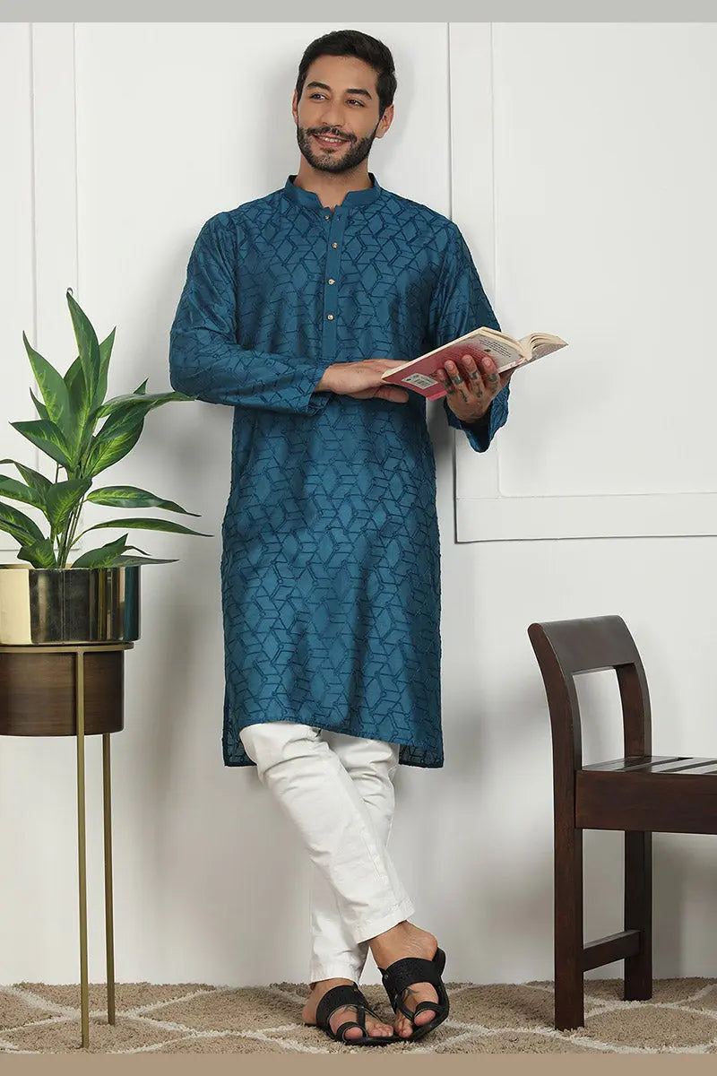 Blue Jacquard Kurta for Men – Festive & Formal Wear