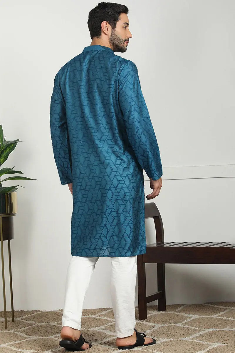 Blue Jacquard Kurta for Men – Festive & Formal Wear