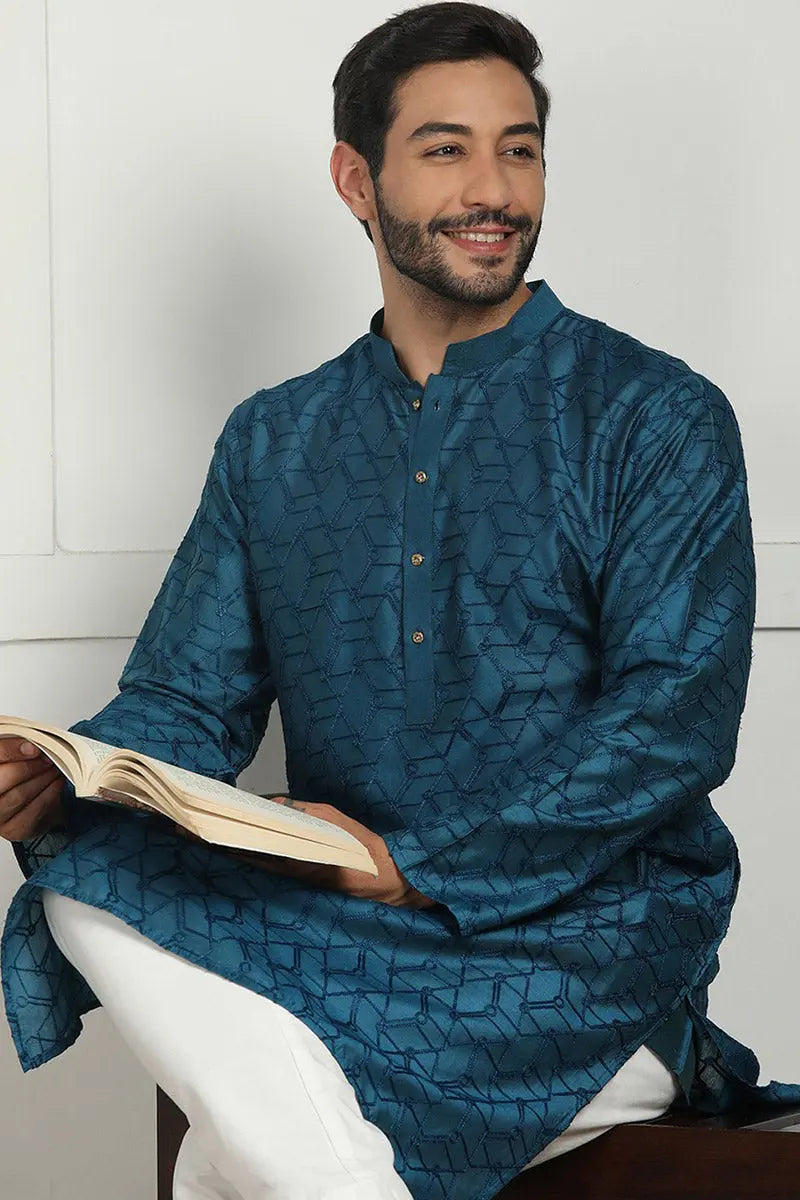 Blue Jacquard Kurta for Men – Festive & Formal Wear