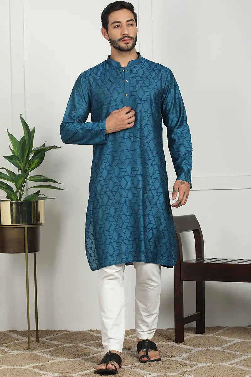 Blue Jacquard Kurta for Men – Festive & Formal Wear