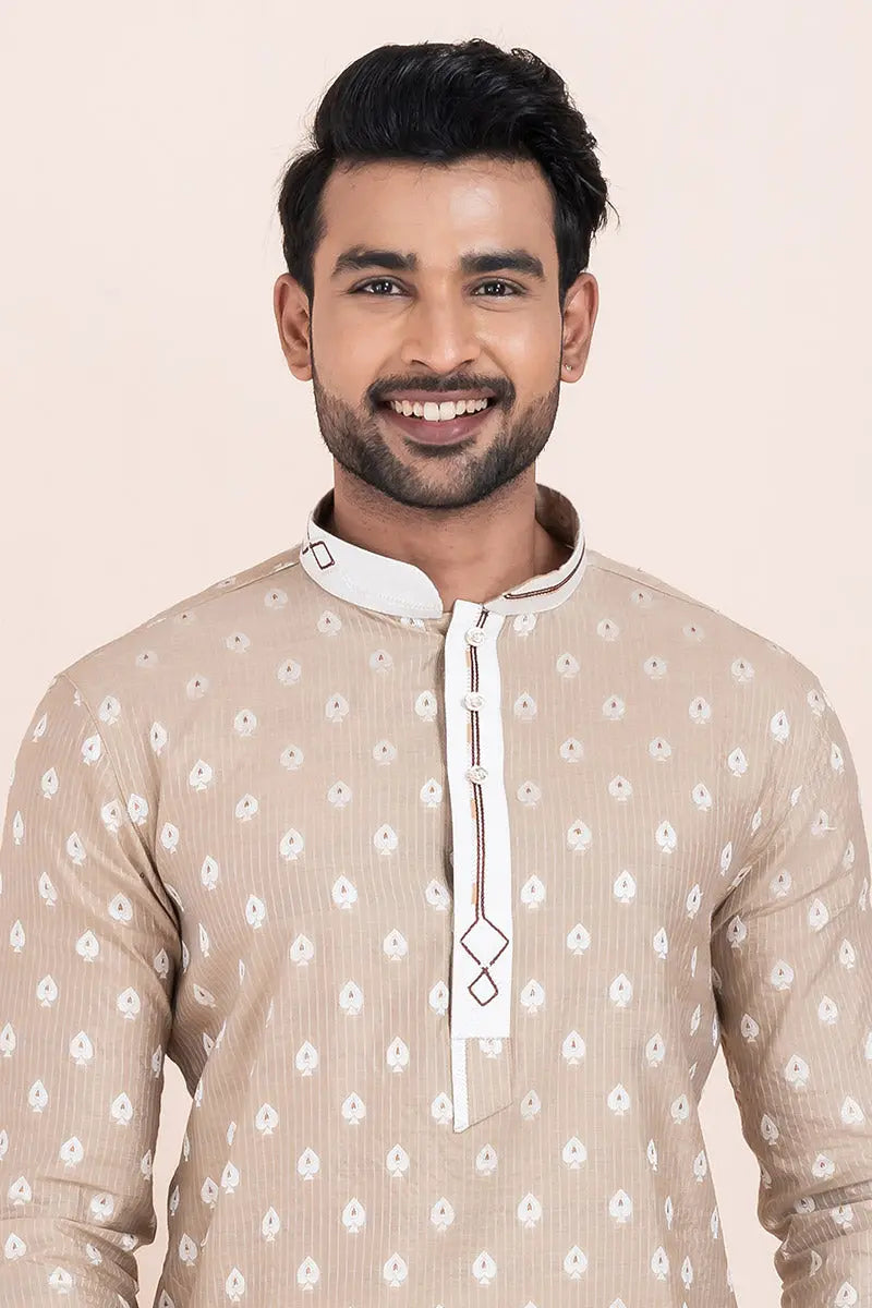Brown & White Cotton Jacquard Printed Kurta Pajama Set - Traditional Wear