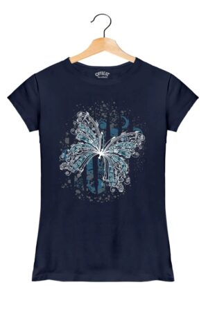 Butterfly - Women’s T-Shirt – Premium Round Neck - Navy Blue - 100% Cotton Offbeat