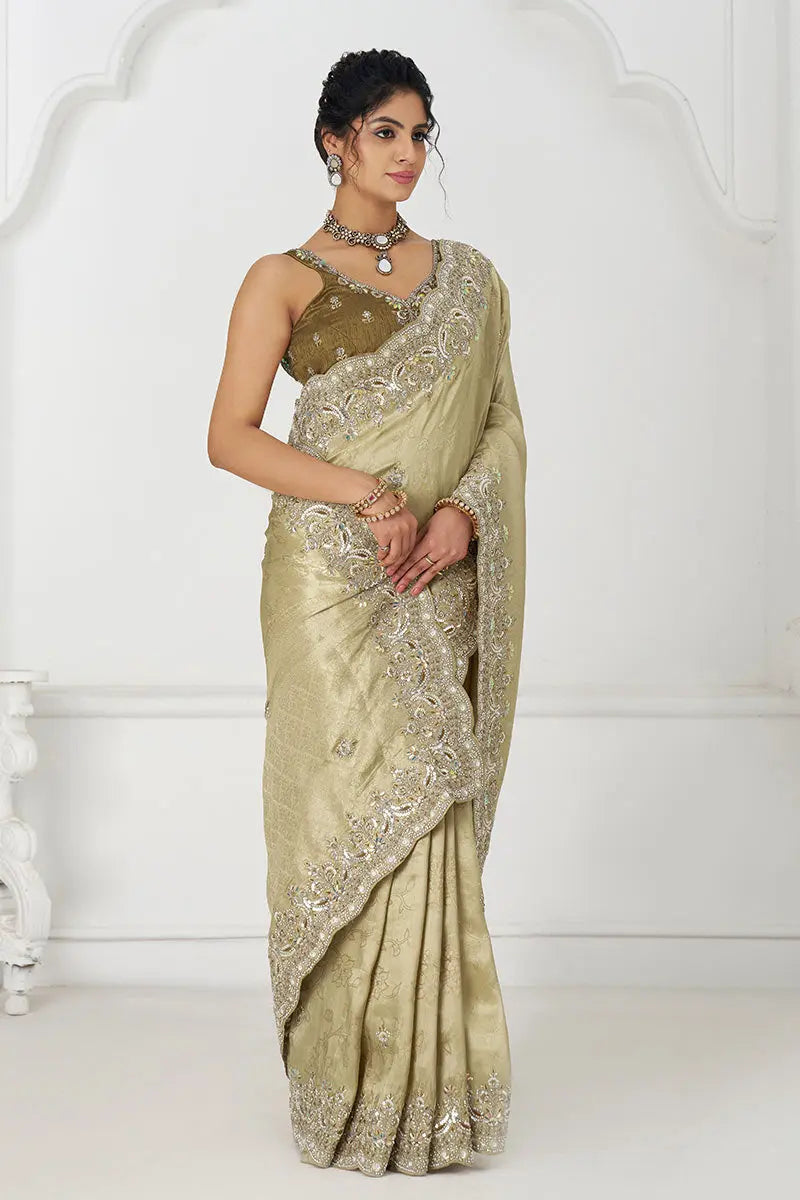 Champagne Silk Saree Chiku with Sequin Embroidery