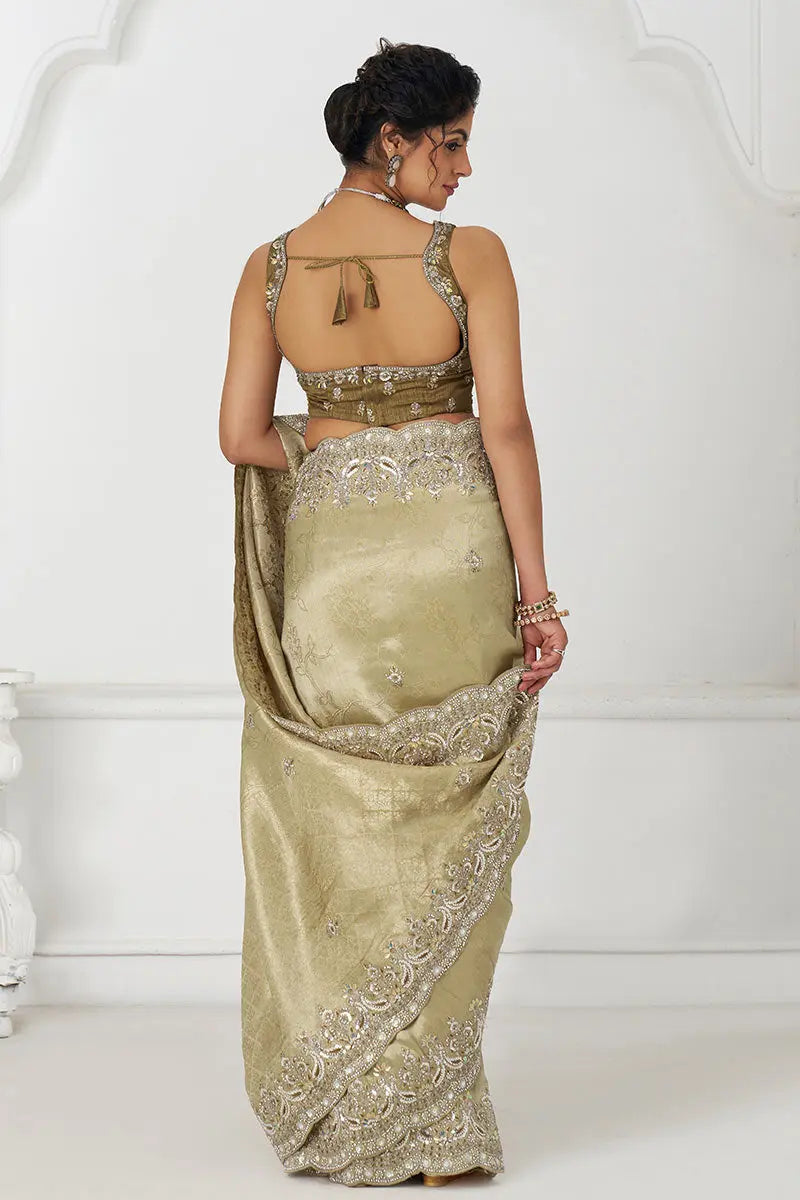 Champagne Silk Saree Chiku with Sequin Embroidery