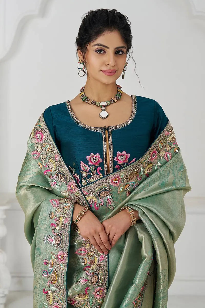 Embroidered Saree Champagne Grace: Embroidered Dola Silk S with Birds, Sequins & Beads