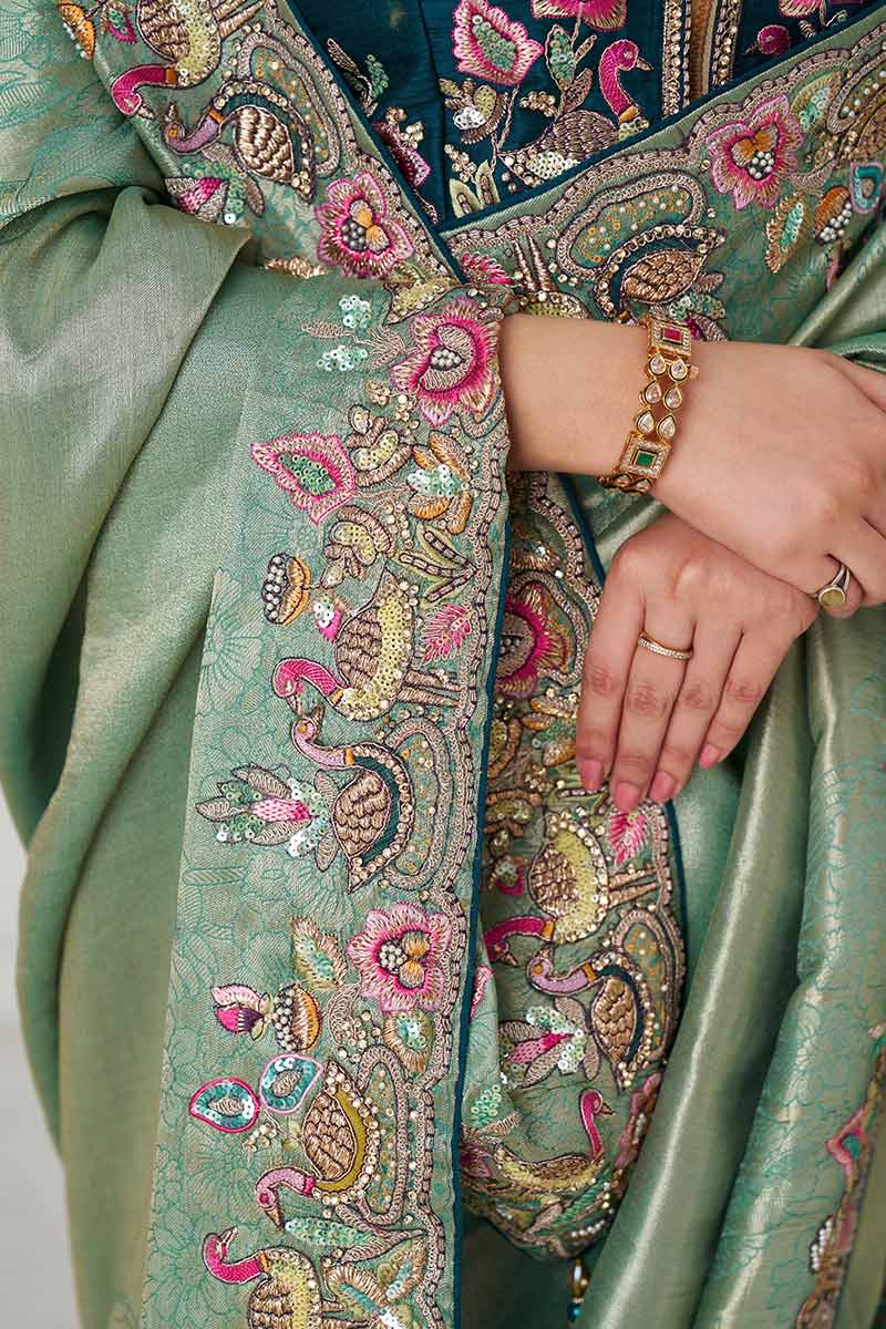 Embroidered Saree Champagne Grace: Embroidered Dola Silk S with Birds, Sequins & Beads