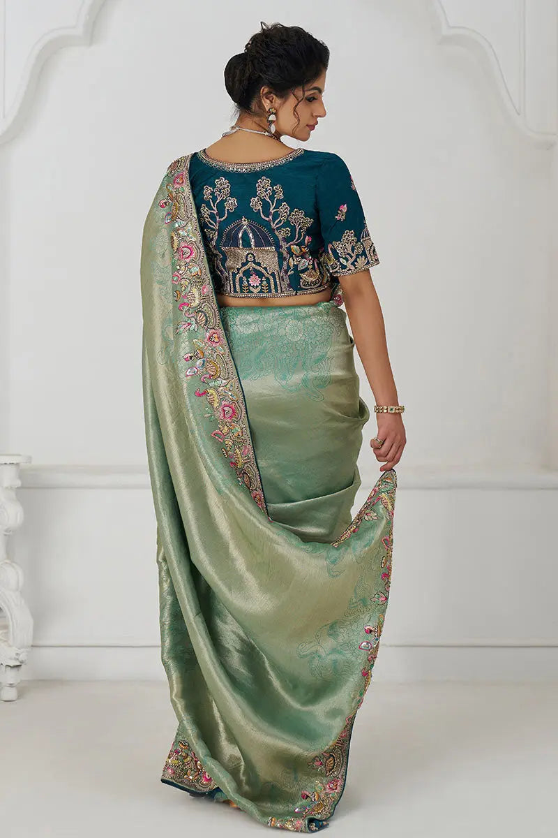 Embroidered Saree Champagne Grace: Embroidered Dola Silk S with Birds, Sequins & Beads