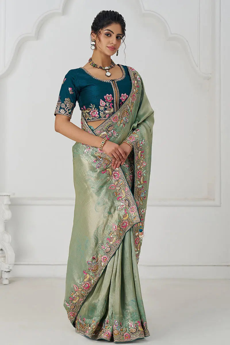 Embroidered Saree Champagne Grace: Embroidered Dola Silk S with Birds, Sequins & Beads