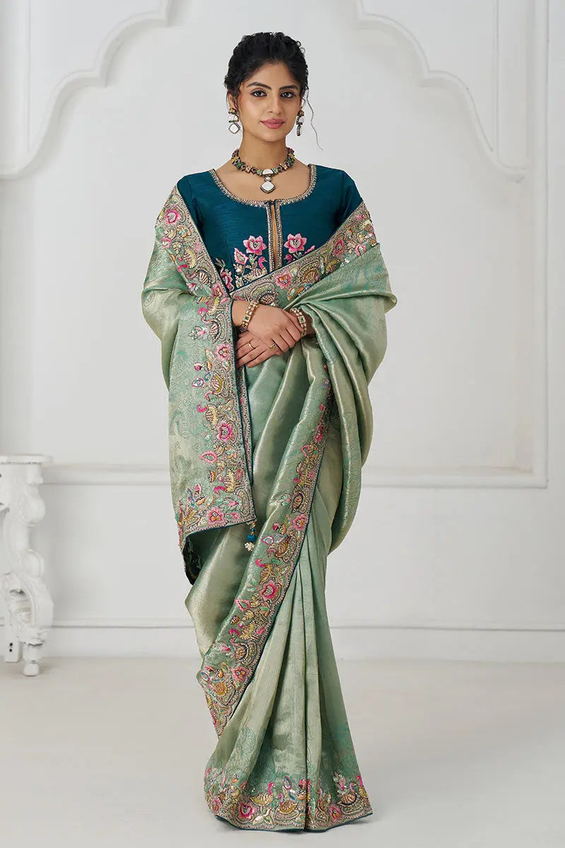 Embroidered Saree Champagne Grace: Embroidered Dola Silk S with Birds, Sequins & Beads