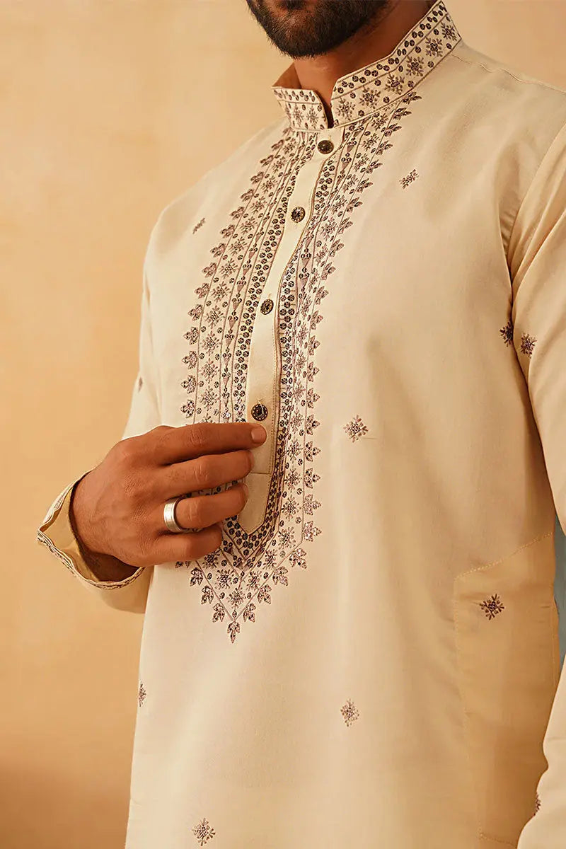 Cream Embroidered Designer Kurta Pajama Set - Traditional Wear