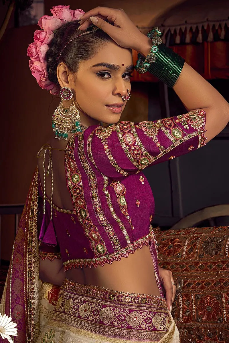 Cream Patola Banarasi Saree with Golden Zari Weave – Bridal & Festive Wear