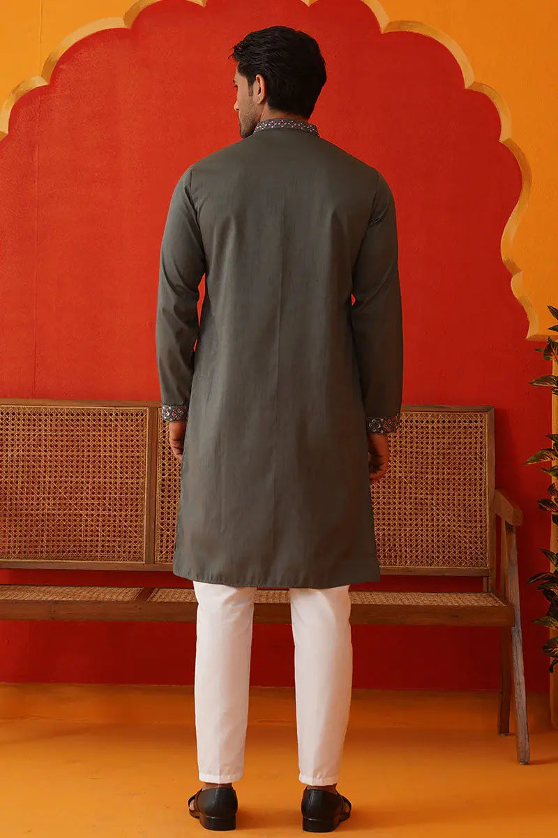 Dark Grey Cotton Silk Embroidered Designer Kurta Pajama Set - Traditional Wear