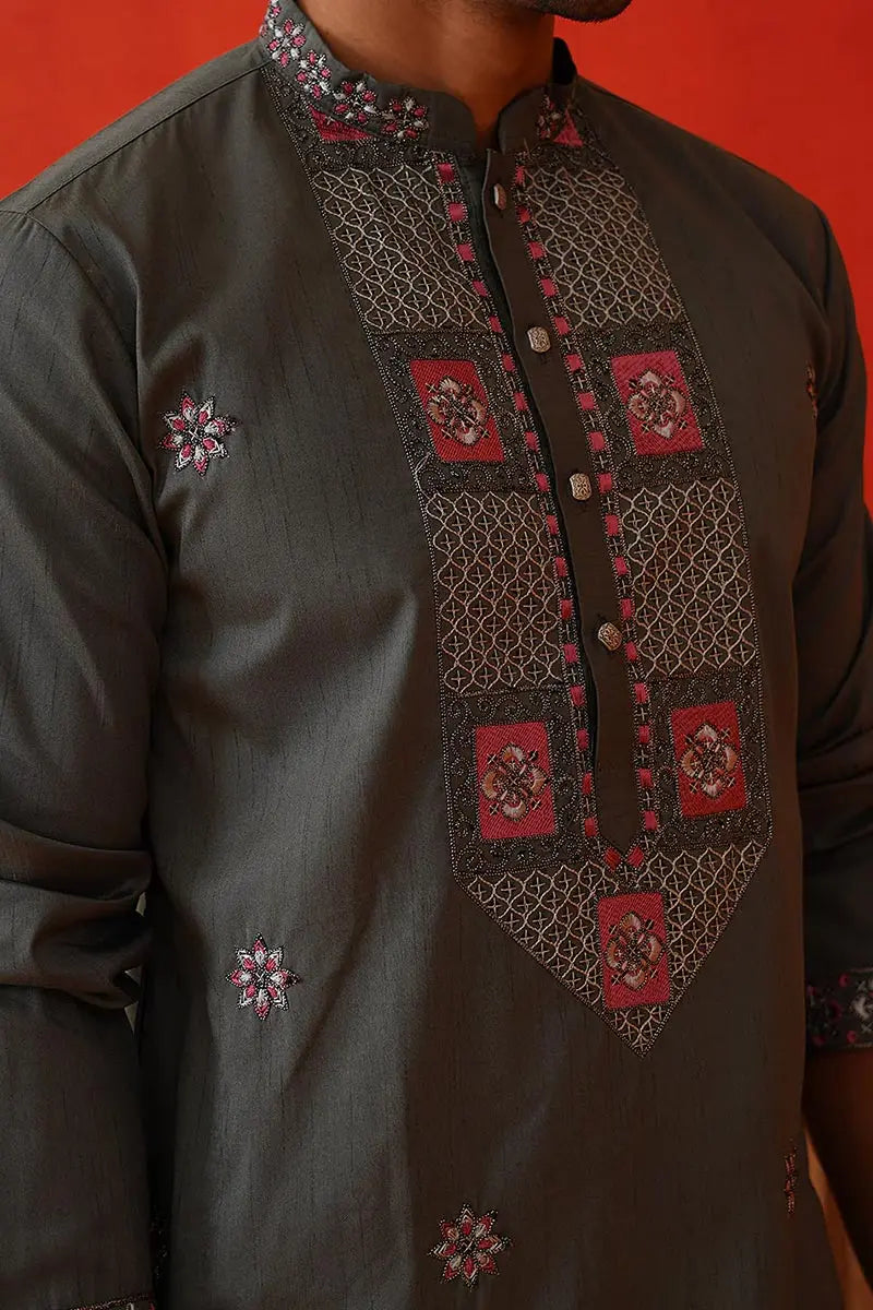 Dark Grey Cotton Silk Embroidered Designer Kurta Pajama Set - Traditional Wear