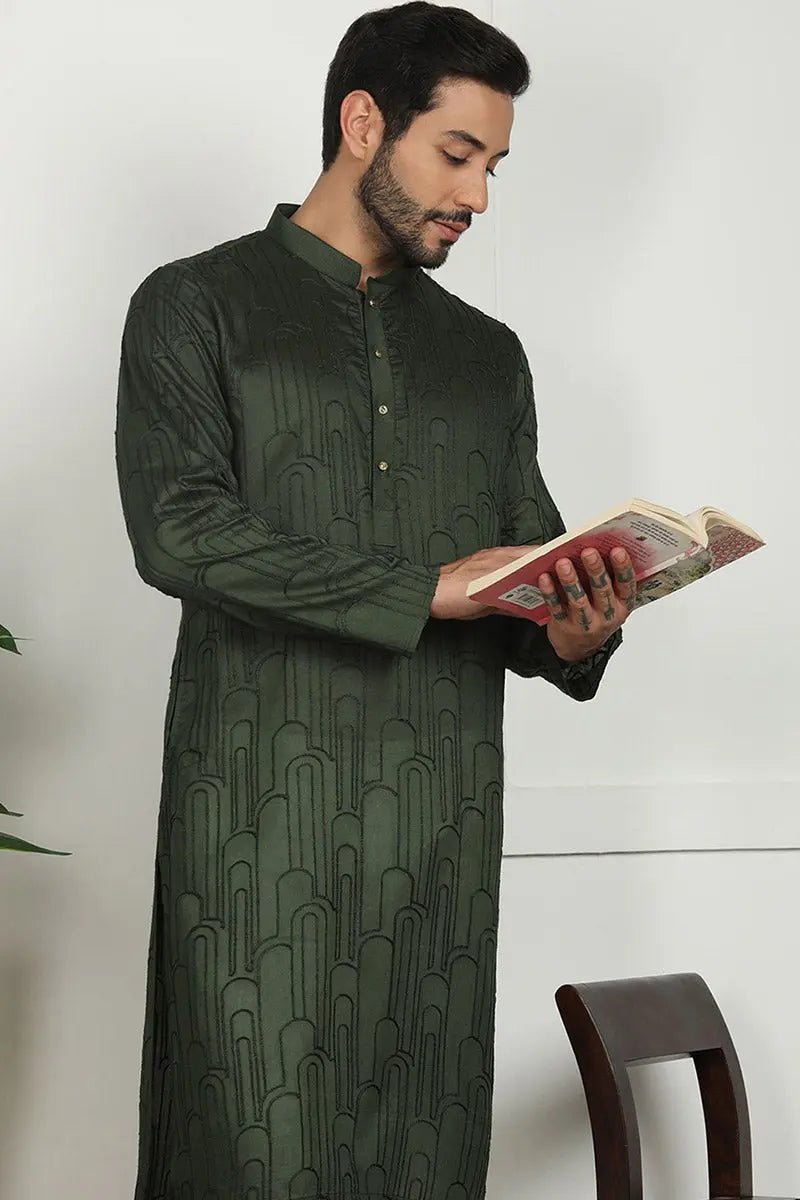 Deep Green Jacquard Kurta for Men – Festive & Formal Wear