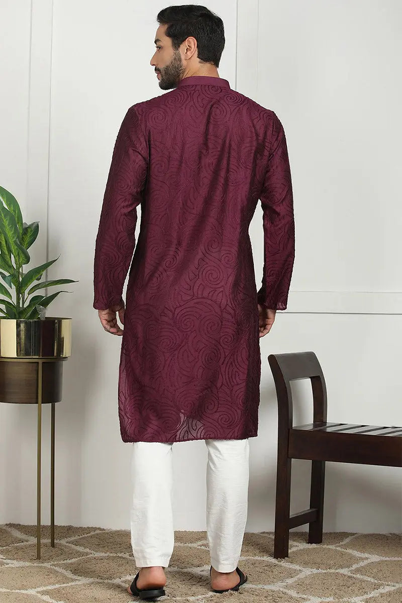 Elegant Maroon Jacquard Kurta for Men – Festive & Formal Wear