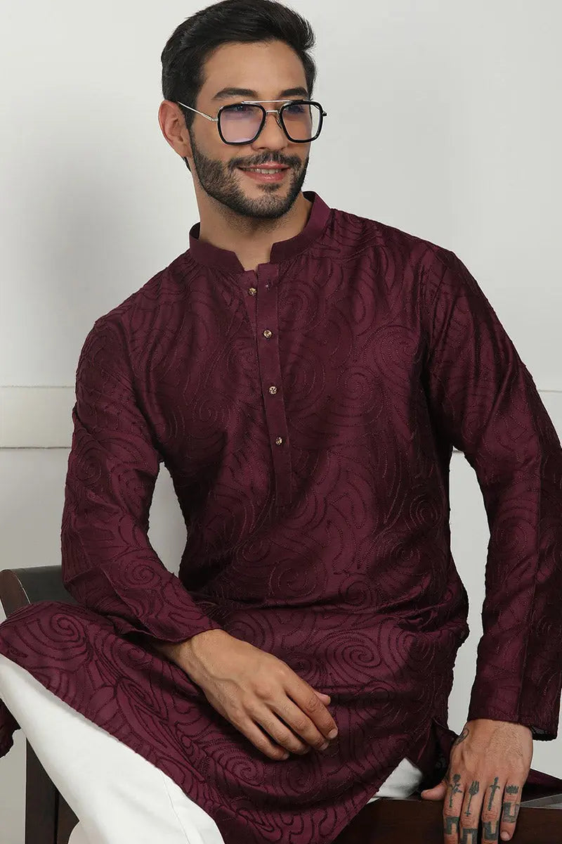 Elegant Maroon Jacquard Kurta for Men – Festive & Formal Wear