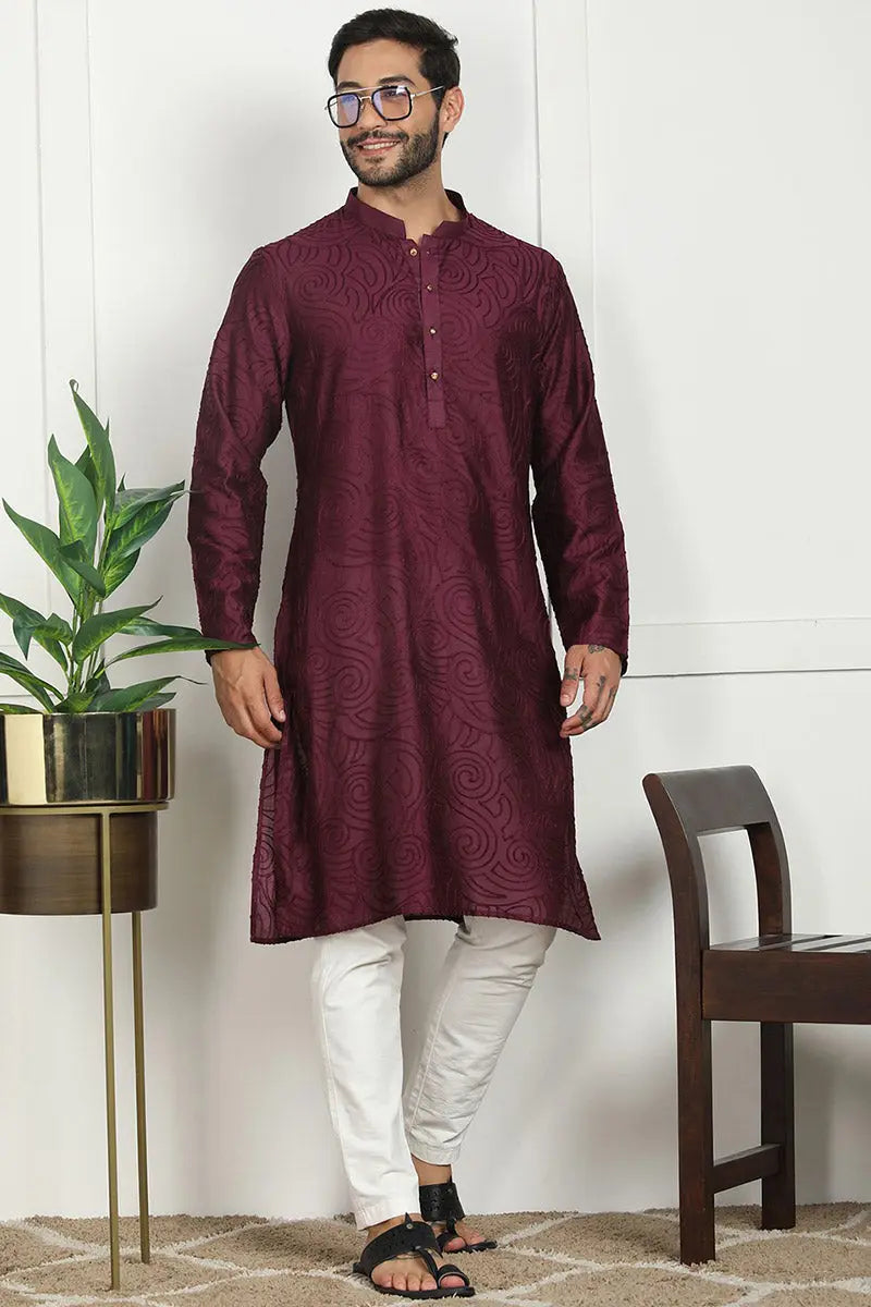 Elegant Maroon Jacquard Kurta for Men – Festive & Formal Wear