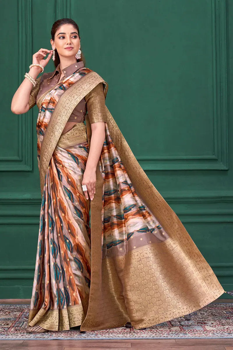 Elegant Multicolor Designer Saree with Blouse & Golden Zari Border