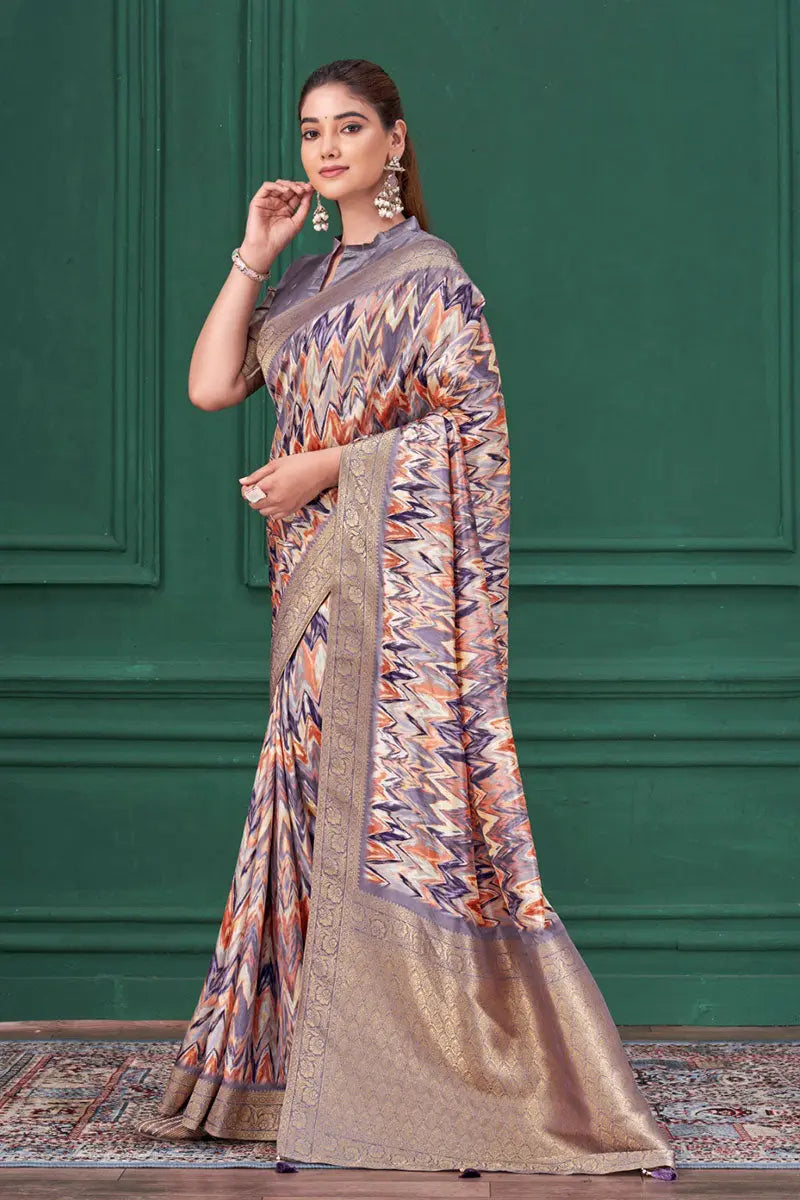 Elegant Multicolor Designer Saree with Purple Blouse & Golden Zari Border