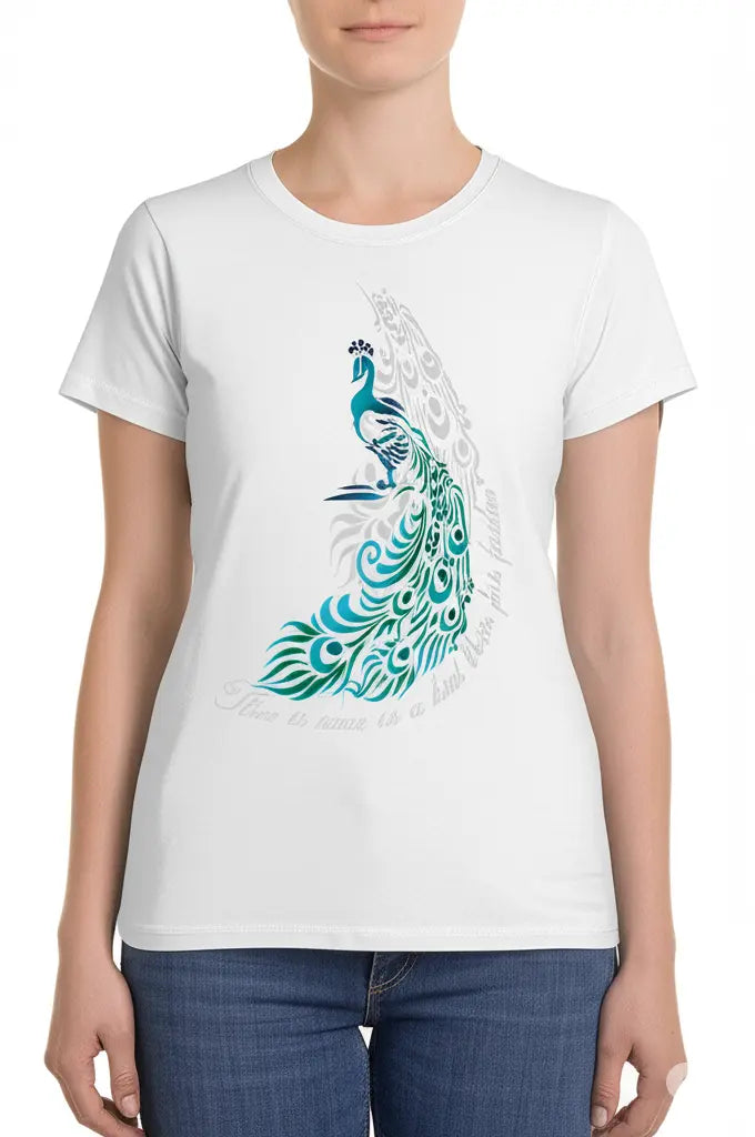 Elegant Peacock Feather Artistic Print - Women’s T-Shirt – White - 100% Cotton Offbeat