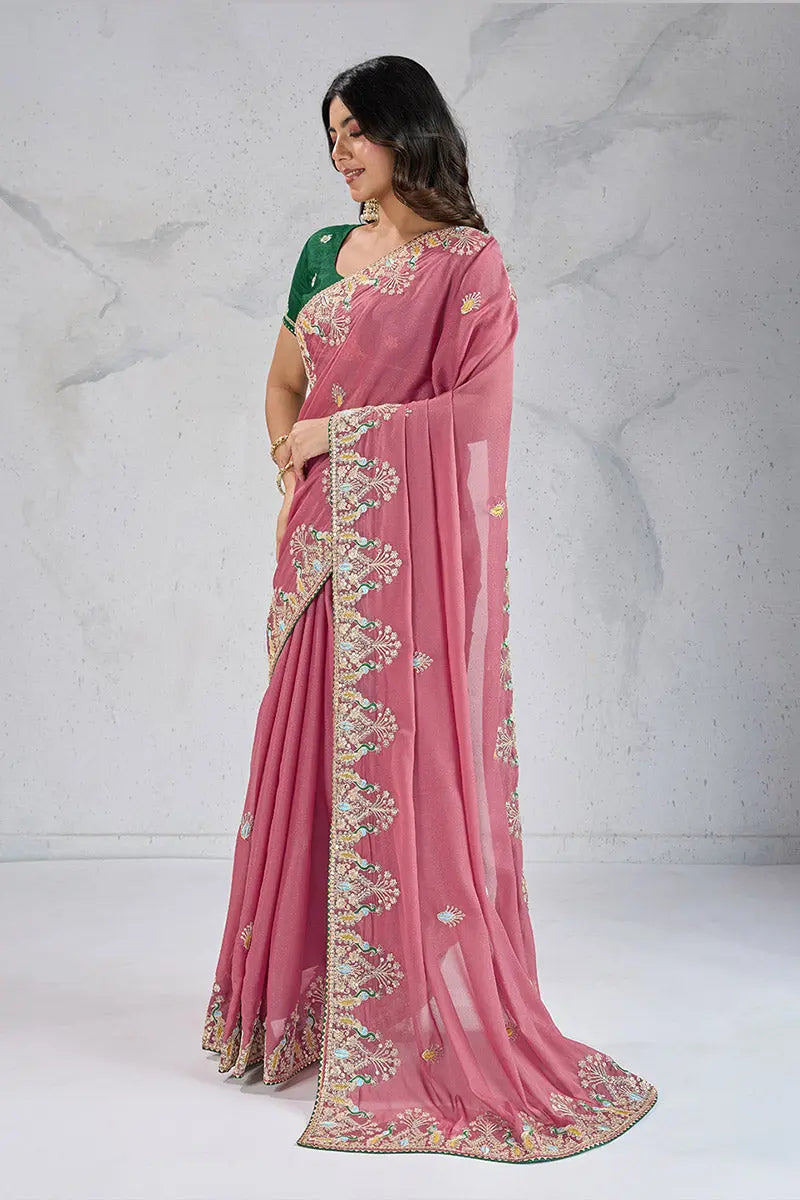 Elegant Pink Embroidered Saree with Green Blouse – Festive & Party Wear